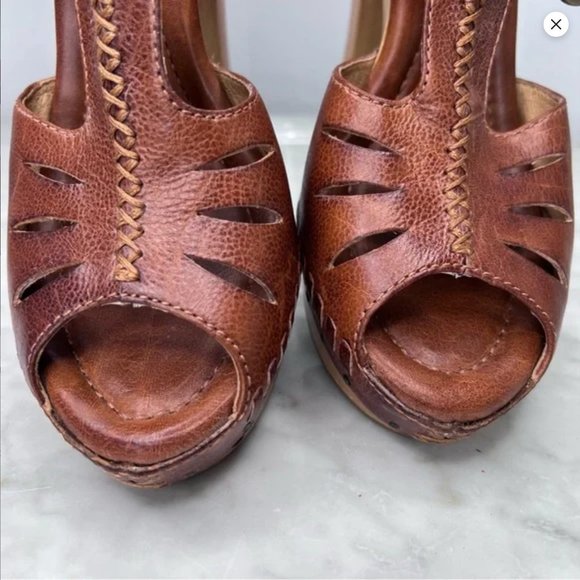 Frye Fran X Stitch Leather 5" High Wood Heels Boho Shoes Brown Sandals Copper 9 - Picture 13 of 14